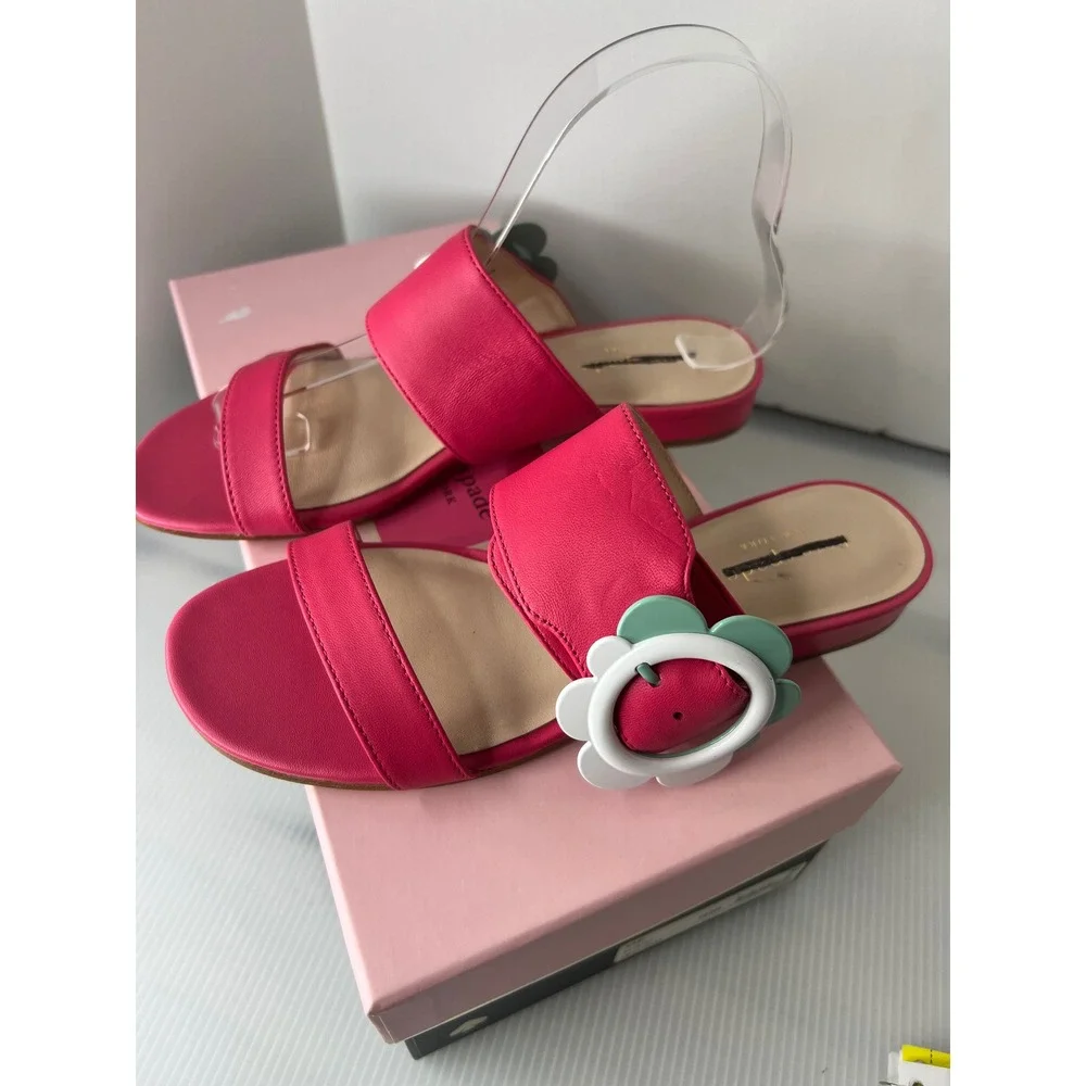 Kate Spade Fabi‎ Flower Buckle Slide Sandals Pink Leather Women 6M